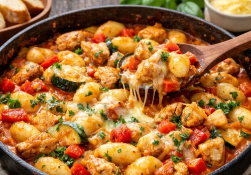 Szybkie danie jednogarnkowe. Kurczak w sosie pomidorowym z kopytkami