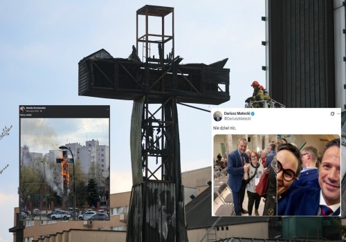 Płonący krzyż i zachwycona radna z KO. W tle Żurek i Trzaskowski