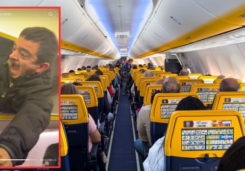 Pasażer wszedł do schowka nad głową w samolocie. 