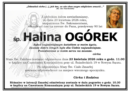 Odeszła w wieku 90 lat. Nowy Sącz żegna Halinę Ogórek