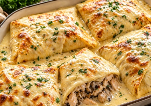 Skuś się na faszerowane naleśniki z kurczakiem, pieczarkami i serowym sosem