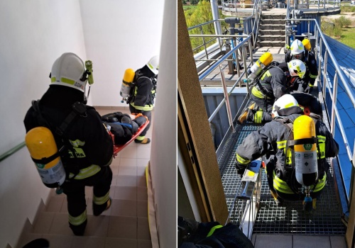 Pożar i ewakuacja na wysokości. Strażackie ćwiczenia na terenie oczyszczalni