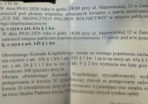 500 zł za wieniec i znicze. Rolnik pokazał wyrok po proteście
