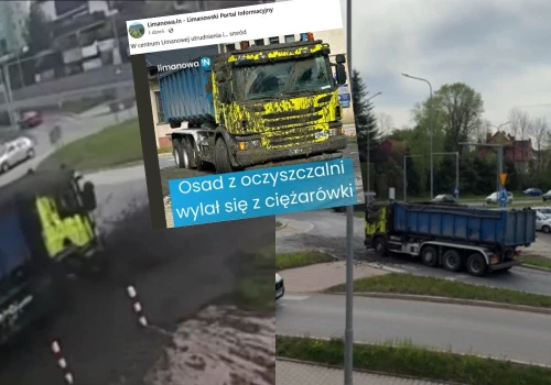 Limanowa: kałszkwał na rondzie, transport z oczyszczalni wylał się i tak sobie śmierdział
