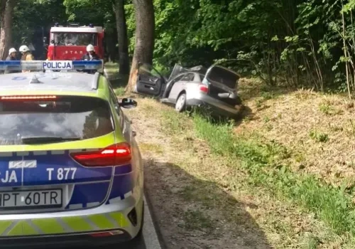 Wypadek na DW 527. Audi uderzyło w drzewo, ranna kobieta trafiła do szpitala