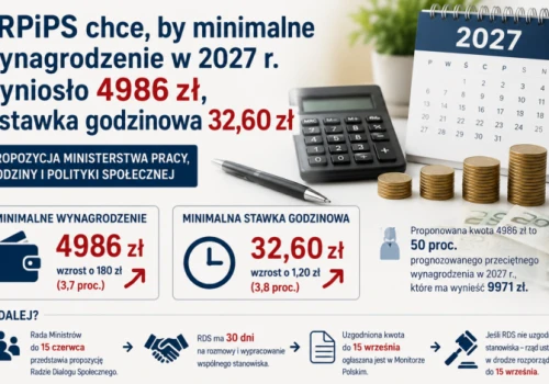 MRPiPS chce, by minimalne wynagrodzenie w 2027 r. wyniosło 4986 zł, a stawka godzinowa 32,60 zł