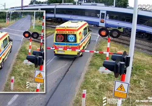 Karetka utknęła pomiędzy szlabanami. Po chwili wjechał pociąg. Jest nagranie