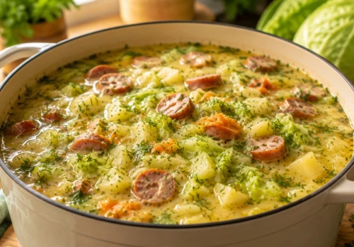 Sezonowa zupa z młodej kapusty z ziemniakami, frankfurterkami i mascarpone