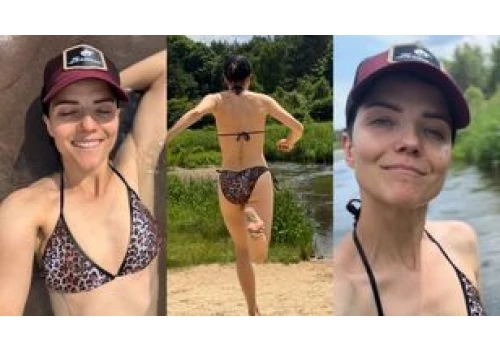 Ubrana w panterkowe bikini Joanna Jabłczyńska dokumentuje relaks nad rzeką. 