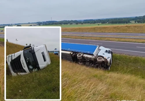 Tir w rowie na S7. Kierowca stracił panowanie przez złe samopoczucie
