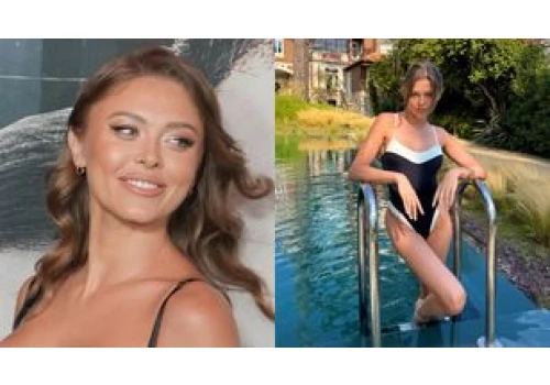 Joanna Opozda pręży się w stroju kąpielowym na tle 