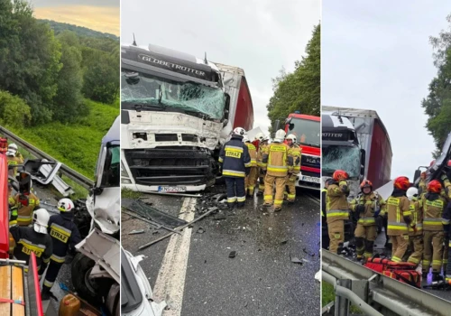 Dramatyczne zderzenie trzech tirów na DK73. Droga jest zablokowana!