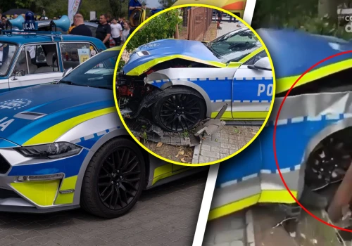 Policyjny Mustang rozbity. Radiowóz uderzył w ogrodzenie