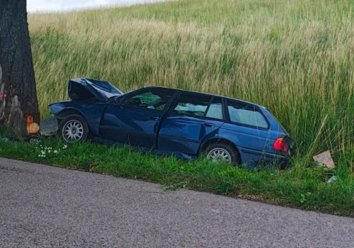 BMW zakończyło jazdę na drzewie. Mokra jezdnia nie wybacza błędów