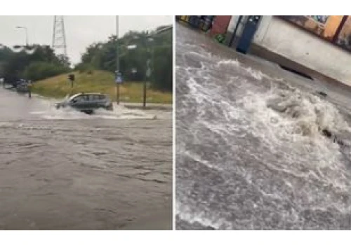 Zalane ulice w Bydgoszczy. Ściana deszczu nad miastem