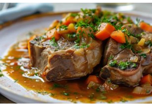 Miękkie i delikatne mięso podaję w aromatycznym sosie. Rozpływa się w ustach i jest pełne kolagenu