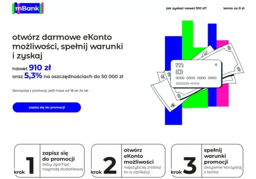 mBank Konto dla młodych: do 910 zł premii i 5,3%