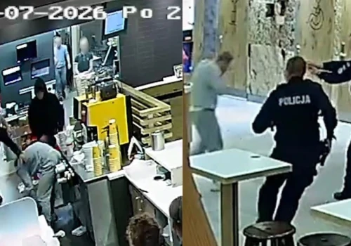 Wbiegli to restauracji i zaczęli go kopać za ladą. Na miejscu momentalnie pojawiła się policja. Opublikowano nagranie z monitoringu
