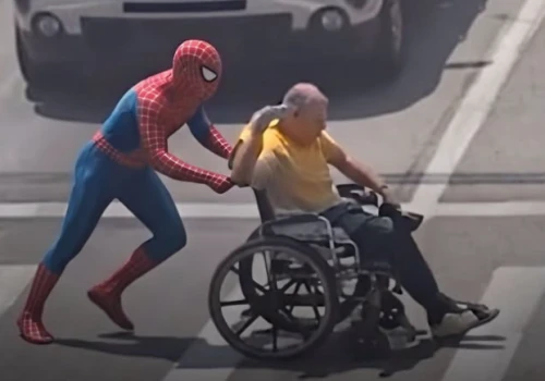 Bohater nie tylko z komiksów. Spiderman pomógł niepełnosprawnemu przejść przez ruchliwą ulicę (WIDEO)