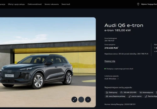 Dobre ceny na Audi Q6 e-tron. Oficjalnie od 216 400 złotych (-24 proc.), tylko ciut drożej od Tesli Model Y, ale z niższą ratą
