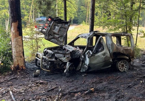 Tragiczny poranek pod Miłomłynem. Auto uderzyło w drzewo i stanęło w ogniu. Nie żyje 36-latek