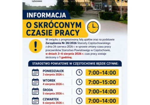 Warto wiedzieć! Upały skracają czas pracy Starostwa Powiatowego w Częstochowie!