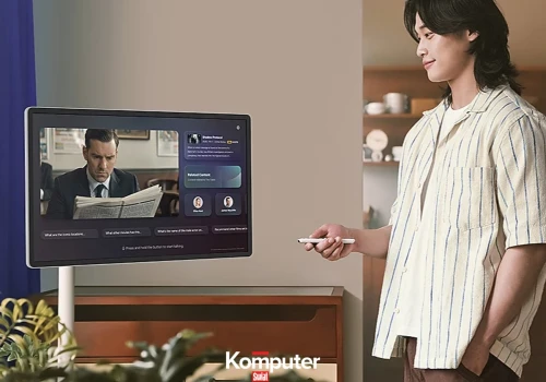 To przenośny ekran dotykowy od Samsunga. Ma podstawę na kółkach