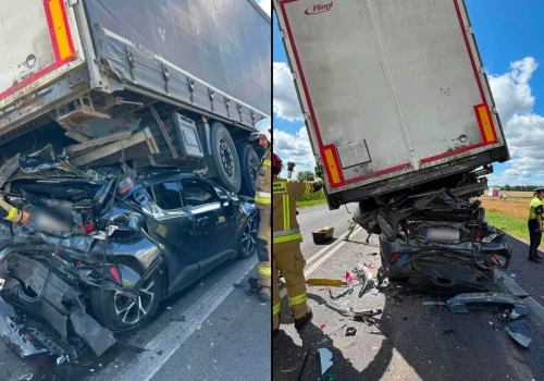 Eurocargo wepchnęło Toyotę dosłownie pod naczepę – najechanie przed znakiem „stop”