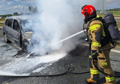 Pożar samochodu na trasie w Palmiry. Auto doszczętnie spłonęło
