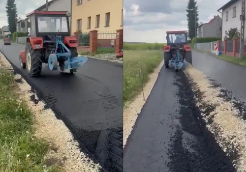 Potężna orka, panie kierowniku. Rolnik twierdzi, że to jego teren i zaorał kilkaset metrów nowej nawierzchni