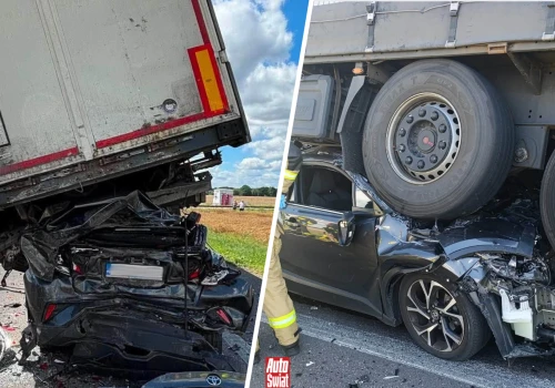Toyota wepchnięta pod naczepę tira. Szokujący widok, ale auto wytrzymało