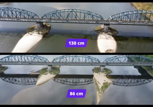 Wisła obecnie (ok. 83 cm) i jeszcze kilka tygodni temu (130 cm)