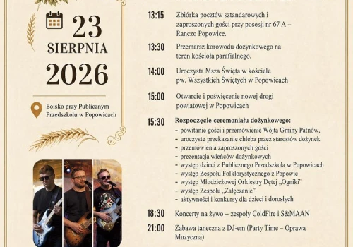 W niedzielę 23 sierpnia Dożynki Gminne w Popowicach (gmina Pątnów)