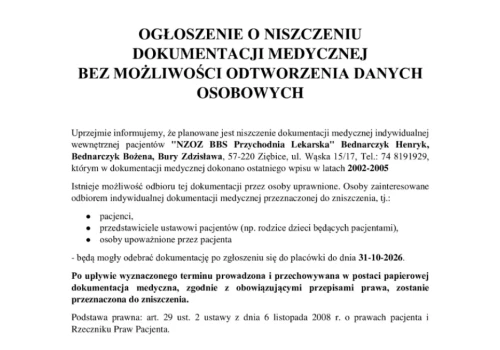 Ziębice. Dokumentacja medyczna z lat 2002–2005 zostanie zniszczona. Można ją jeszcze odebrać