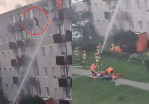 Dramatyczna akcja ratunkowa w Wejherowie. Ogień odciął mieszkańcowi drogę, strażacy rozstawili skokochron
