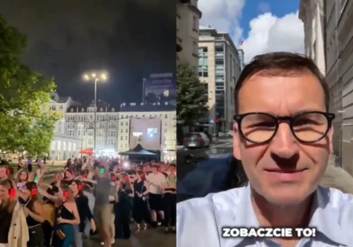 Morawiecki udostępnił nagranie, jak młodzi tańczą Poloneza pod Pałacem Kultury i Nauki. 