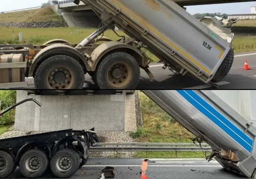 Dwie wywrotki uderzyły w wiadukty: obrócona zabudowa i zgubiona, rozerwana naczepa