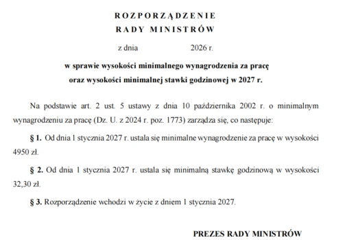 Jest rządowy projekt płacy minimalnej na 2027 rok z 7 września. Dokument pojawia się w ostatniej chwili
