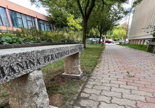 Ogród Słów i Korzeni w Koninie. Kamienne ławki stanęły przy bibliotece