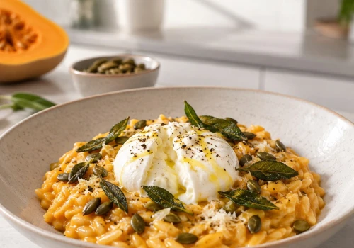 Orzo z dynią i burratą. Jeden trik daje mu karmelowy, lekko orzechowy smak