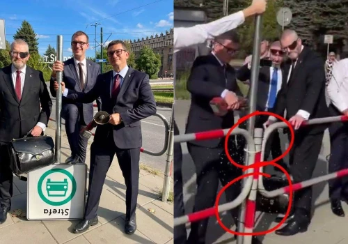 Kandydat partii Brauna w Krakowie pokonał Strefę Czystego Transportu odcinając (chyba) znak drogowy