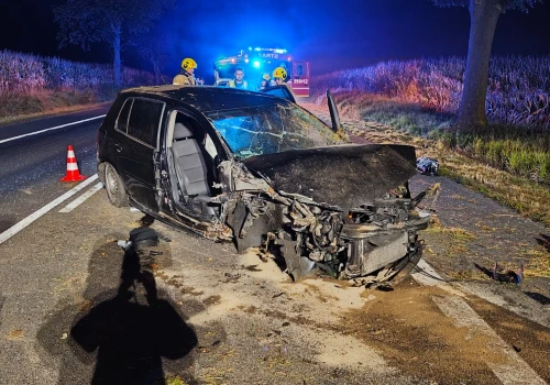 Volkswagen uderzył w drzewo, kobietę i mężczyznę przewieziono do szpitala