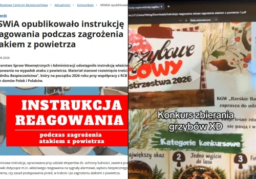 Na stronie rządowej poinformowano o opublikowaniu poradnika reagowania podczas nalotu. W pliku zamiast tego konkurs grzybiarski