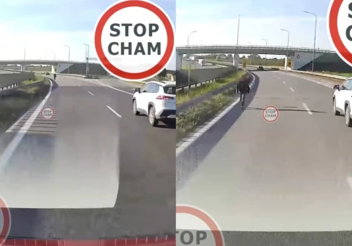 Pieszy idzie pod prąd lewym pasem na drodze ekspresowej S7. „Auta muszą uciekać na bok”