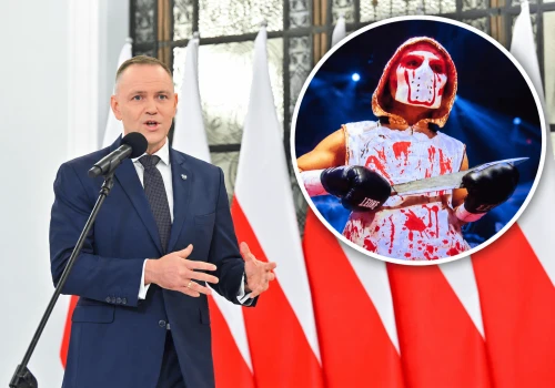 Prezydent Nawrocki na gali w Koszalinie. Chwilę wcześniej Ukrainiec wyszedł do ringu z maczetą