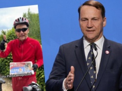 Sikorski pomyka na rowerze w czerwonym stroju. Tak wspiera Trzaskowskiego