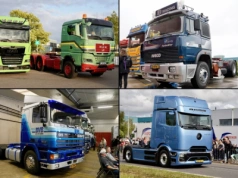 Zlot 150 różnorodnych ciężarówek przed sklepem z modelami – Tekno Event 2025