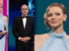 Posągowa Charlene w błękitnej sukni posyła nieśmiałe uśmiechy na gali. Towarzyszył jej książę Albert