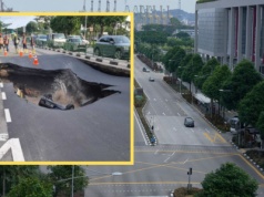 Fragment ruchliwej drogi nagle się zapadł. Auto zniknęło pod wodą
