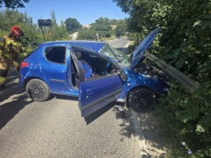 Dachowanie osobówki w Strzegomiu. 18-latek trafił do szpitala [FOTO]